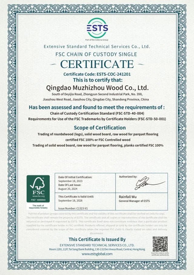 JDW's FSC Chain of Custody certificate